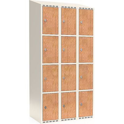 kaiserkraft 4er-Schließfachschrank Fydor, HPL, 3 Abteile, weiß/Eiche, B 900 mm, schräge Dachform, Vorhängeschloss kaiserkraft 4er-Schließfachschrank Fydor, HPL, 3 Abteile, weiß/Eiche, B 900 mm, schräge Dachform, Vorhängeschloss