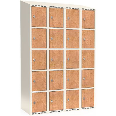 kaiserkraft 5er-Schließfachschrank Fydor, HPL, 4 Abteile, weiß/Eiche, B 1200 mm, schräge Dachform, Vorhängeschloss kaiserkraft 5er-Schließfachschrank Fydor, HPL, 4 Abteile, weiß/Eiche, B 1200 mm, schräge Dachform, Vorhängeschloss
