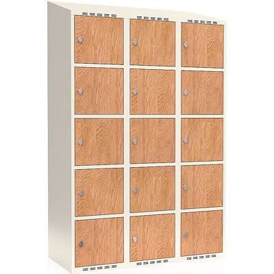 kaiserkraft 5er-Schließfachschrank Fydor, HPL, 3 Abteile, weiß/Eiche, B 1200 mm, schräge Dachform, Vorhängeschloss kaiserkraft 5er-Schließfachschrank Fydor, HPL, 3 Abteile, weiß/Eiche, B 1200 mm, schräge Dachform, Vorhängeschloss