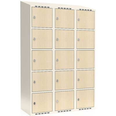 kaiserkraft 5er-Schließfachschrank Fydor, HPL, 3 Abteile, weiß/Birke, B 1200 mm, schräge Dachform, Vorhängeschloss kaiserkraft 5er-Schließfachschrank Fydor, HPL, 3 Abteile, weiß/Birke, B 1200 mm, schräge Dachform, Vorhängeschloss