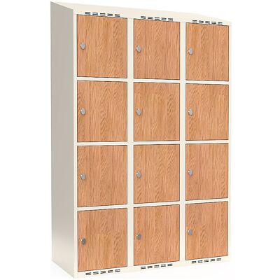 kaiserkraft 4er-Schließfachschrank Fydor, HPL, 3 Abteile, weiß/Eiche, B 1200 mm, schräge Dachform, Vorhängeschloss kaiserkraft 4er-Schließfachschrank Fydor, HPL, 3 Abteile, weiß/Eiche, B 1200 mm, schräge Dachform, Vorhängeschloss