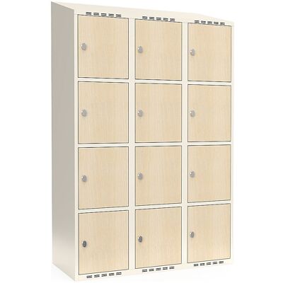 kaiserkraft 4er-Schließfachschrank Fydor, HPL, 3 Abteile, weiß/Birke, B 1200 mm, schräge Dachform, Vorhängeschloss kaiserkraft 4er-Schließfachschrank Fydor, HPL, 3 Abteile, weiß/Birke, B 1200 mm, schräge Dachform, Vorhängeschloss