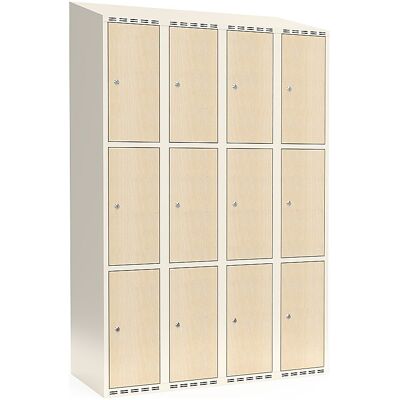 kaiserkraft 3er-Schließfachschrank Fydor, HPL, 4 Abteile, weiß/Birke, B 1200 mm, schräge Dachform, Zylinderschloss kaiserkraft 3er-Schließfachschrank Fydor, HPL, 4 Abteile, weiß/Birke, B 1200 mm, schräge Dachform, Zylinderschloss