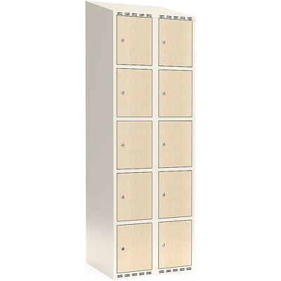 kaiserkraft 5er-Schließfachschrank Fydor, HPL, 2 Abteile, weiß/Birke, B 600 mm, schräge Dachform, Zylinderschloss kaiserkraft 5er-Schließfachschrank Fydor, HPL, 2 Abteile, weiß/Birke, B 600 mm, schräge Dachform, Zylinderschloss