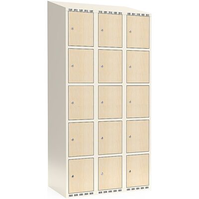 kaiserkraft 5er-Schließfachschrank Fydor, HPL, 3 Abteile, weiß/Birke, B 900 mm, schräge Dachform, Zylinderschloss kaiserkraft 5er-Schließfachschrank Fydor, HPL, 3 Abteile, weiß/Birke, B 900 mm, schräge Dachform, Zylinderschloss