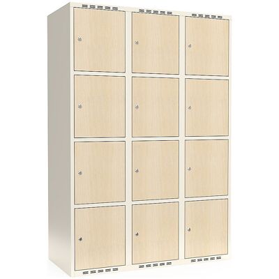 kaiserkraft 4er-Schließfachschrank Fydor, HPL, 3 Abteile, weiß/Birke, B 1200 mm, flache Dachform, Zylinderschloss kaiserkraft 4er-Schließfachschrank Fydor, HPL, 3 Abteile, weiß/Birke, B 1200 mm, flache Dachform, Zylinderschloss