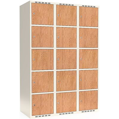 kaiserkraft 5er-Schließfachschrank Fydor, HPL, 3 Abteile, weiß/Eiche, B 1200 mm, flache Dachform, Zylinderschloss kaiserkraft 5er-Schließfachschrank Fydor, HPL, 3 Abteile, weiß/Eiche, B 1200 mm, flache Dachform, Zylinderschloss