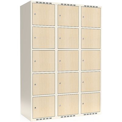 kaiserkraft 5er-Schließfachschrank Fydor, HPL, 3 Abteile, weiß/Birke, B 1200 mm, flache Dachform, Zylinderschloss kaiserkraft 5er-Schließfachschrank Fydor, HPL, 3 Abteile, weiß/Birke, B 1200 mm, flache Dachform, Zylinderschloss