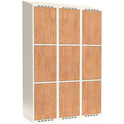 kaiserkraft 3er-Schließfachschrank Fydor, HPL, 3 Abteile, weiß/Eiche, B 1200 mm, schräge Dachform, Zylinderschloss kaiserkraft 3er-Schließfachschrank Fydor, HPL, 3 Abteile, weiß/Eiche, B 1200 mm, schräge Dachform, Zylinderschloss
