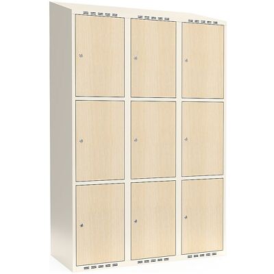 kaiserkraft 3er-Schließfachschrank Fydor, HPL, 3 Abteile, weiß/Birke, B 1200 mm, schräge Dachform, Zylinderschloss kaiserkraft 3er-Schließfachschrank Fydor, HPL, 3 Abteile, weiß/Birke, B 1200 mm, schräge Dachform, Zylinderschloss