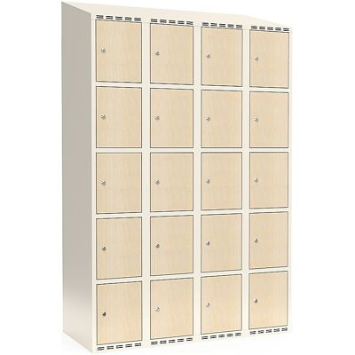 kaiserkraft 5er-Schließfachschrank Fydor, HPL, 4 Abteile, weiß/Birke, B 1200 mm, schräge Dachform, Zylinderschloss kaiserkraft 5er-Schließfachschrank Fydor, HPL, 4 Abteile, weiß/Birke, B 1200 mm, schräge Dachform, Zylinderschloss