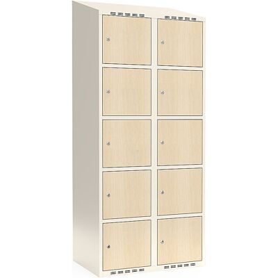 kaiserkraft 5er-Schließfachschrank Fydor, HPL, 2 Abteile, weiß/Birke, B 800 mm, schräge Dachform, Zylinderschloss kaiserkraft 5er-Schließfachschrank Fydor, HPL, 2 Abteile, weiß/Birke, B 800 mm, schräge Dachform, Zylinderschloss
