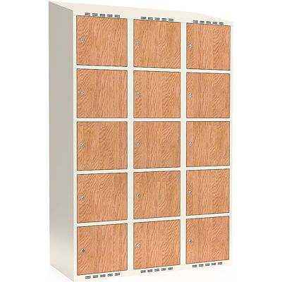 kaiserkraft 5er-Schließfachschrank Fydor, HPL, 3 Abteile, weiß/Eiche, B 1200 mm, schräge Dachform, Zylinderschloss kaiserkraft 5er-Schließfachschrank Fydor, HPL, 3 Abteile, weiß/Eiche, B 1200 mm, schräge Dachform, Zylinderschloss
