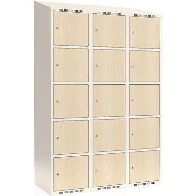 kaiserkraft 5er-Schließfachschrank Fydor, HPL, 3 Abteile, weiß/Birke, B 1200 mm, schräge Dachform, Zylinderschloss kaiserkraft 5er-Schließfachschrank Fydor, HPL, 3 Abteile, weiß/Birke, B 1200 mm, schräge Dachform, Zylinderschloss