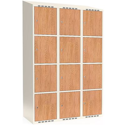 kaiserkraft 4er-Schließfachschrank Fydor, HPL, 3 Abteile, weiß/Eiche, B 1200 mm, schräge Dachform, Zylinderschloss kaiserkraft 4er-Schließfachschrank Fydor, HPL, 3 Abteile, weiß/Eiche, B 1200 mm, schräge Dachform, Zylinderschloss