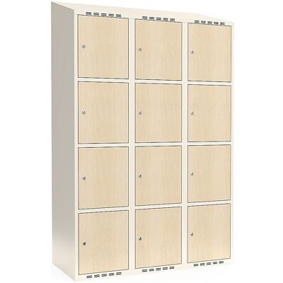 kaiserkraft 4er-Schließfachschrank Fydor, HPL, 3 Abteile, weiß/Birke, B 1200 mm, schräge Dachform, Zylinderschloss kaiserkraft 4er-Schließfachschrank Fydor, HPL, 3 Abteile, weiß/Birke, B 1200 mm, schräge Dachform, Zylinderschloss