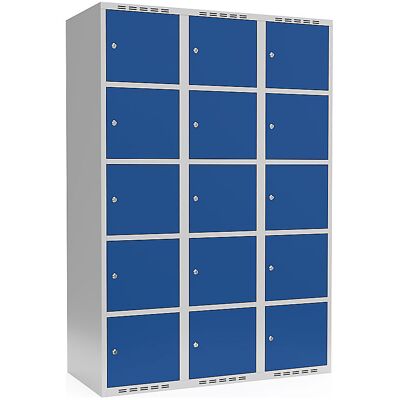 kaiserkraft 5er-Schließfachschrank Fydor, 3 Abteile, lichtgrau / enzianblau, B 1200 mm, flache Dachform, Zylinderschloss kaiserkraft 5er-Schließfachschrank Fydor, 3 Abteile, lichtgrau / enzianblau, B 1200 mm, flache Dachform, Zylinderschloss