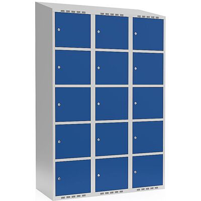kaiserkraft 5er-Schließfachschrank Fydor, 3 Abteile, lichtgrau / enzianblau, B 1200 mm, schräge Dachform, Zylinderschloss kaiserkraft 5er-Schließfachschrank Fydor, 3 Abteile, lichtgrau / enzianblau, B 1200 mm, schräge Dachform, Zylinderschloss