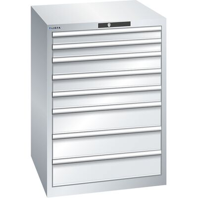 ESD-Schubladenschrank, BxTxH 717 x 725 x 1000 mm, 8 Schubladen, 75/100/150 mm, Traglast 75 kg, lichtgrau LISTA ESD-Schubladenschrank, BxTxH 717 x 725 x 1000 mm, 8 Schubladen, 75/100/150 mm, Traglast 75 kg, lichtgrau LISTA