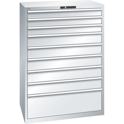 ESD-Schubladenschrank, BxTxH 1023 x 725 x 1450 mm, 9 Schubladen, Traglast 75 kg / 1 x 300 mm mit 200 kg, lichtgrau LISTA ESD-Schubladenschrank, BxTxH 1023 x 725 x 1450 mm, 9 Schubladen, Traglast 75 kg / 1 x 300 mm mit 200 kg, lichtgrau LISTA