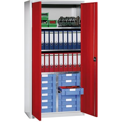 Material- und Schubladenschrank, 3 Fachböden, 12 Schubladen, lichtgrau RAL 7035 / verkehrsrot RAL 3020 eurokraft pro Material- und Schubladenschrank, 3 Fachböden, 12 Schubladen, lichtgrau RAL 7035 / verkehrsrot RAL 3020 eurokraft pro