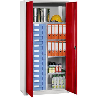 Material- und Schubladenschrank, 4 Fachböden, 13 Schubladen, lichtgrau RAL 7035 / verkehrsrot RAL 3020 eurokraft pro Material- und Schubladenschrank, 4 Fachböden, 13 Schubladen, lichtgrau RAL 7035 / verkehrsrot RAL 3020 eurokraft pro