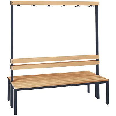 Umkleidebank mit Lehne, doppelseitig, Buchenleisten, Länge 1500 mm Wolf Umkleidebank mit Lehne, doppelseitig, Buchenleisten, Länge 1500 mm Wolf