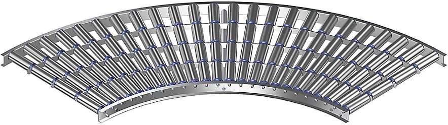 Gura Leicht-Rollenbahn, Aluminiumrahmen mit Aluminiumrollen Bahnbreite 600 mm, Kurve 90° Innenradius 800 mm, Achsabstand 75 mm