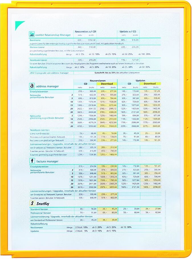 DURABLE Klarsichttafel mit Profilrahmen für DIN A4, VE 10 Stk gelb, ab 3 VE