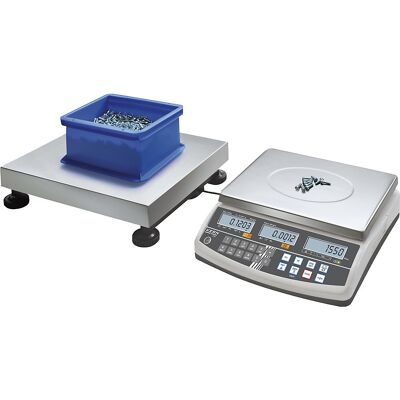 Zählsystem, aus Referenzwaage und Wägebrücke, Wägebereich bis 150 kg, Ablesbarkeit 0,1 g, Wägeplatte 500 x 400 mm KERN Zählsystem, aus Referenzwaage und Wägebrücke, Wägebereich bis 150 kg, Ablesbarkeit 0,1 g, Wägeplatte 500 x 400 mm KERN