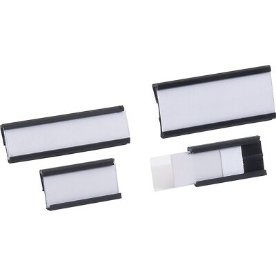 Beschriftungsreiter, VE = 20 Stk, für Beschriftungsträger der Schlitzwände, Trennbleche und Trennwände, 104 Etiketten, BxH 47 x 18 mm, schwarz LISTA Beschriftungsreiter, VE = 20 Stk, für Beschriftungsträger der Schlitzwände, Trennbleche und Trennwände, 104 Etiketten, BxH 47 x 18 mm, schwarz LISTA