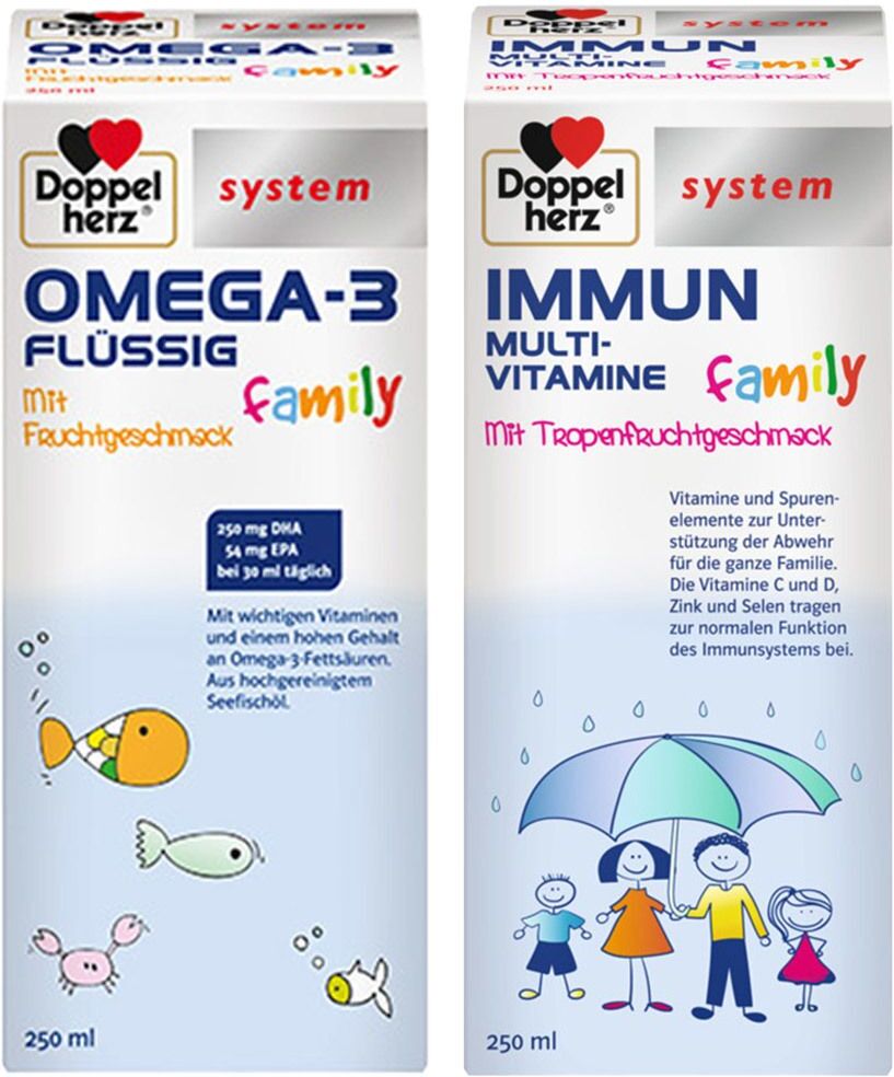 Doppelherz® system Omega-3 flüssig family + system Immun Multivitamine family