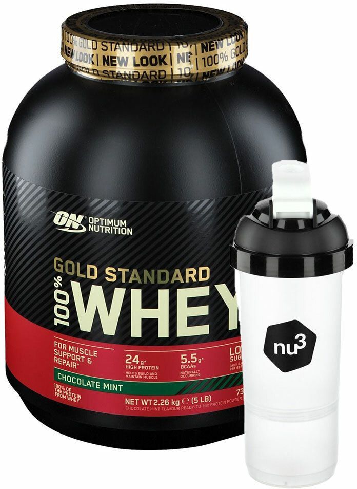 Diverse Optimum Nutrition 100 % Whey Gold Standard Schoko-Minze + nu3 SmartShaker