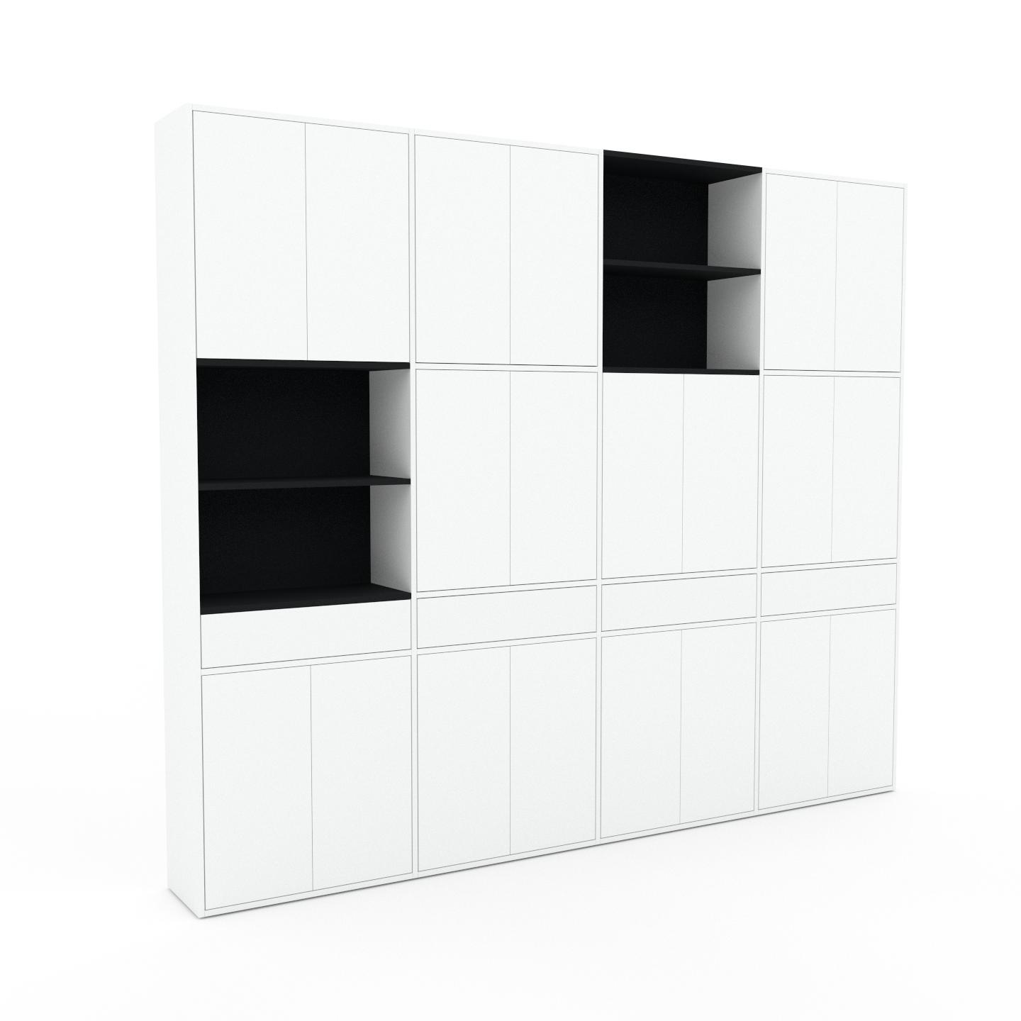 MYCS Schrankwand Weiß - Moderne Wohnwand: Schubladen in Weiß & Türen in Weiß - Hochwertige Materialien - 301 x 253 x 35 cm, Konfigurator