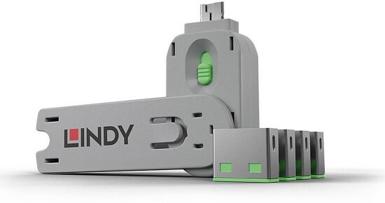 Lindy 40451 USB-A Port Schloss SET, GRÜN, 1x Schlüssel/4x Schloss