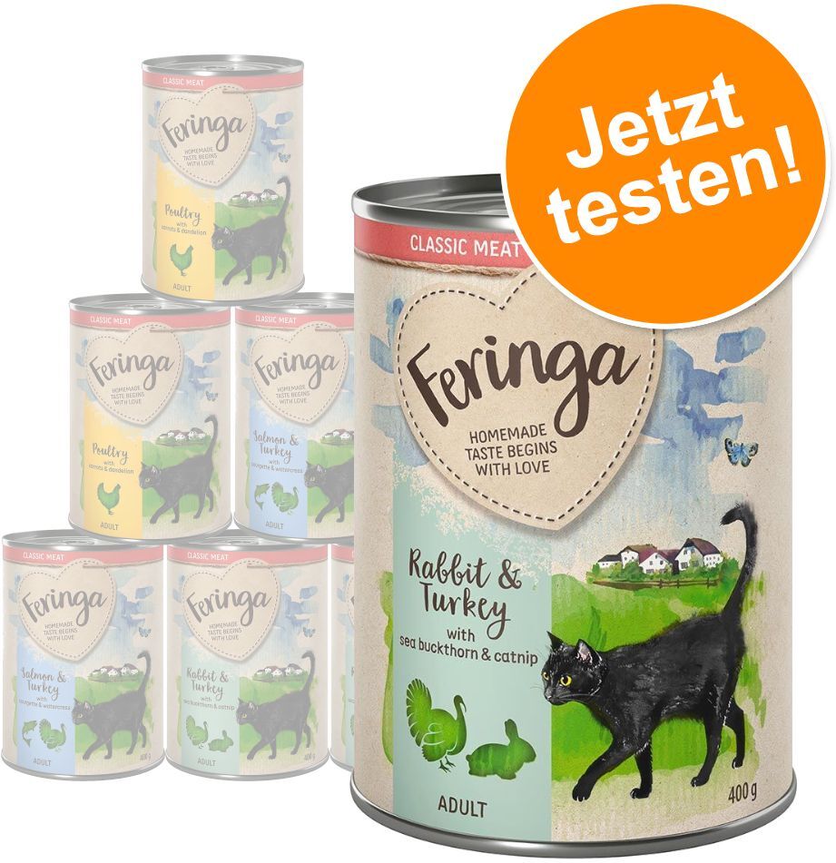 Feringa 6x 400g Classic Meat Mix 1: Kaninchen & Truthahn, Geflügel, Lachs & Truthahn Feringa Katzenfutter Nass