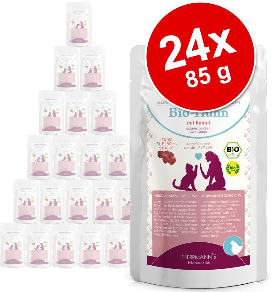 Herrmanns 24x 85g Bio Huhn mit Bio Kamut Herrmanns Nassfutter für Katzen