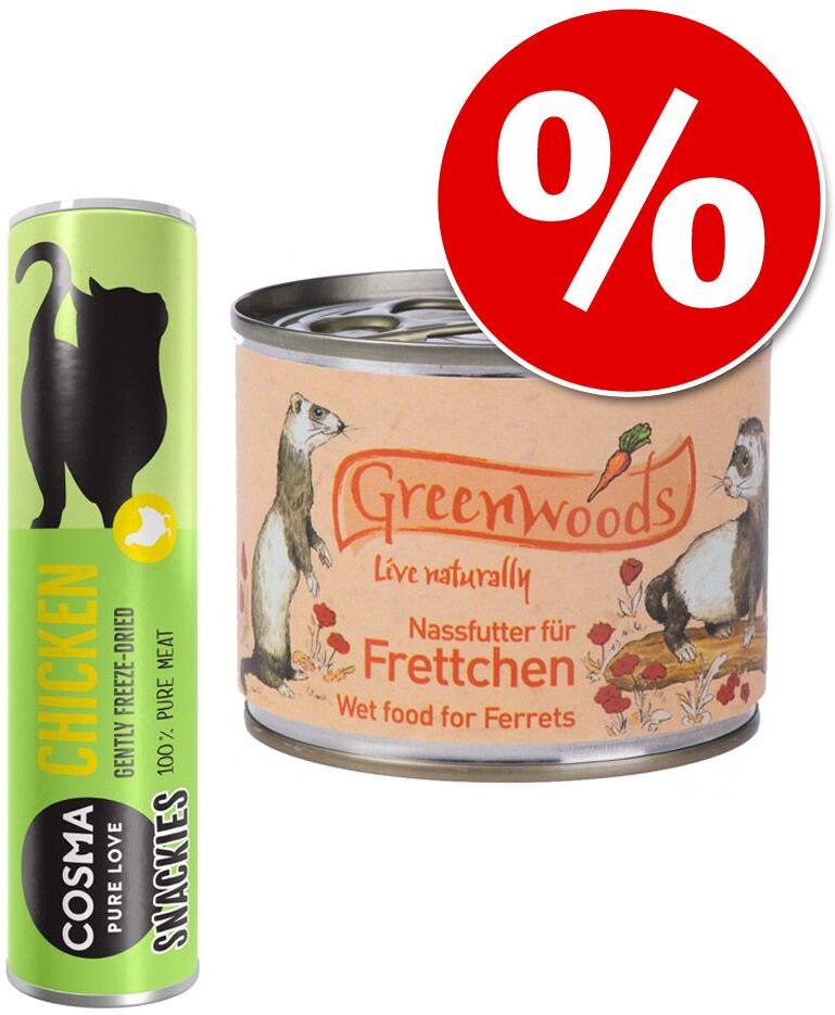 Greenwoods Small Animals 6x 200g Nassfutter für Frettchen + 25g Cosma Snackies Thunfisch Greenwoods Nagerfutter