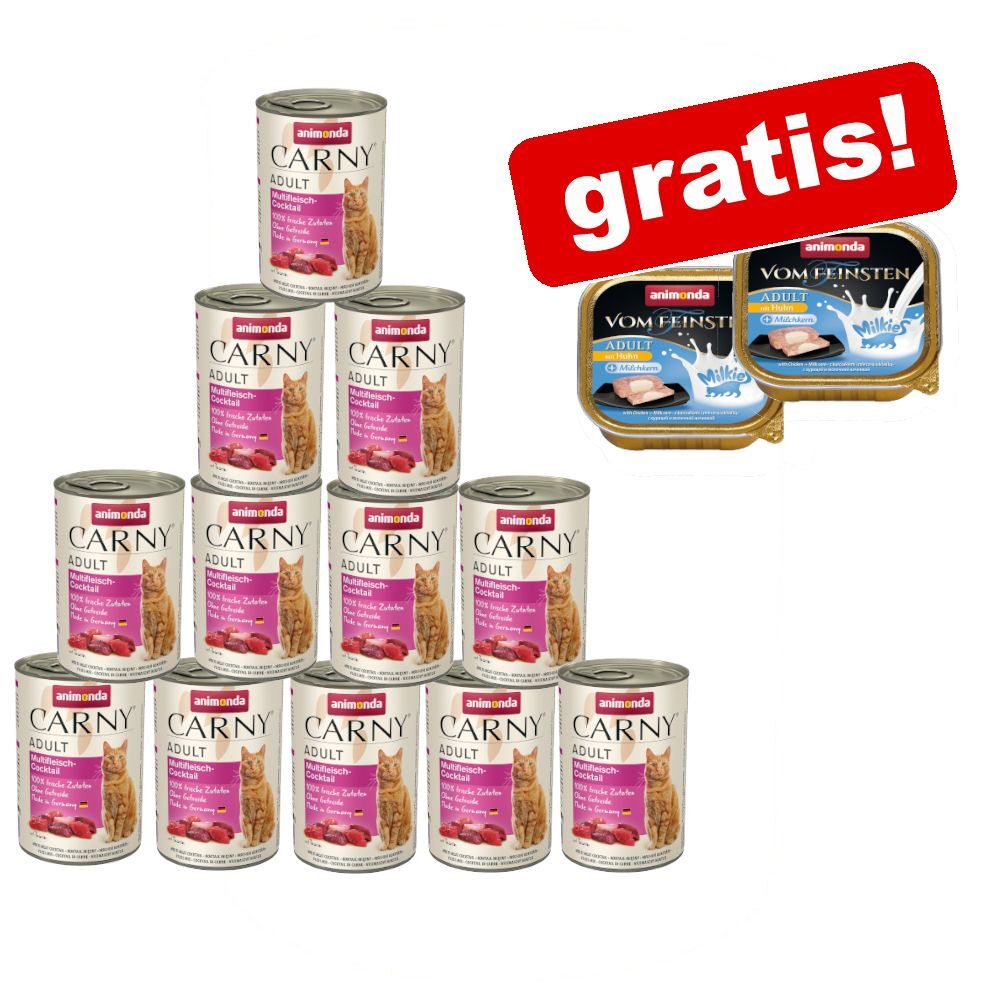 Animonda Carny 12x400g Carny Adult Pute, Huhn & Shrimps Animonda Katzenfutter Nass + 2x100g Vom Feinsten Adult Milkies Animonda Nassfutter gratis!