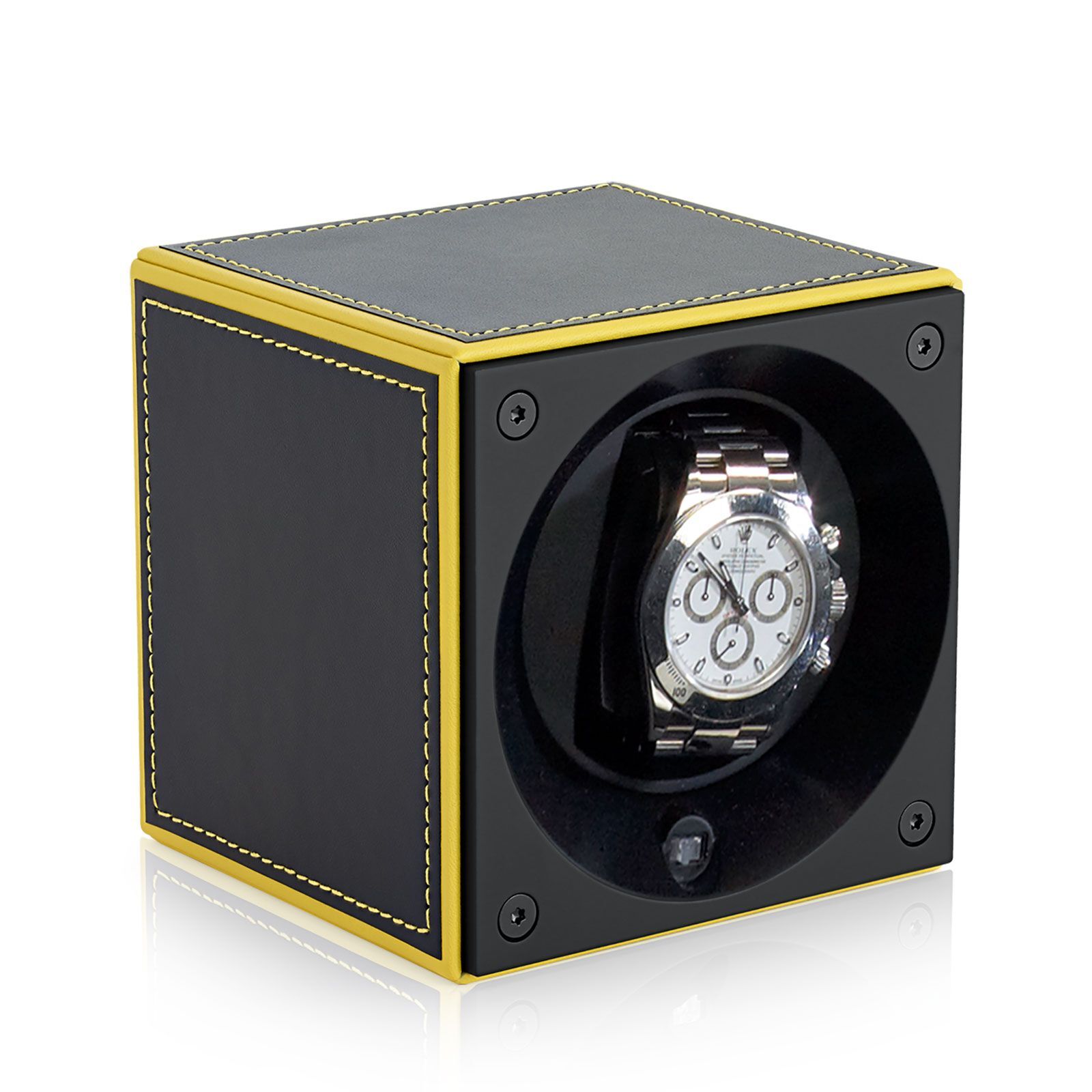 Swiss Kubik Uhrenbeweger Leder Masterbox - Gelbe Kanten / Gelbe Ziernaht