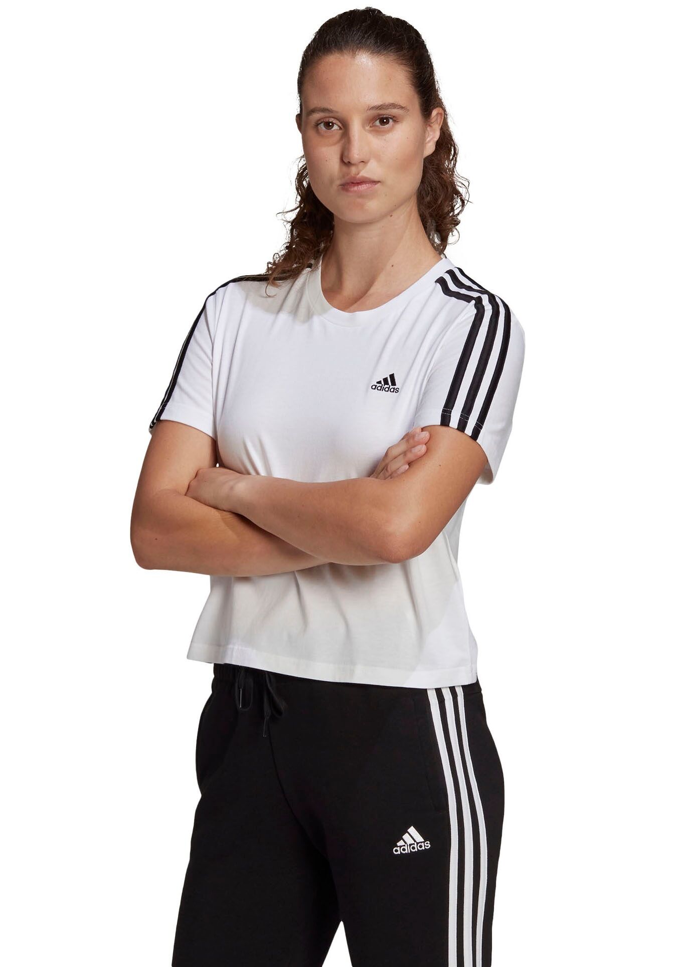 Adidas Performance T-Shirt »ESSENTIALS LOOSE 3-STREIFEN CROPPED« weiss Größe L (42/44) M (38/40) S (34/36) XL (46/48) XS (30/32) XXL (50/52)