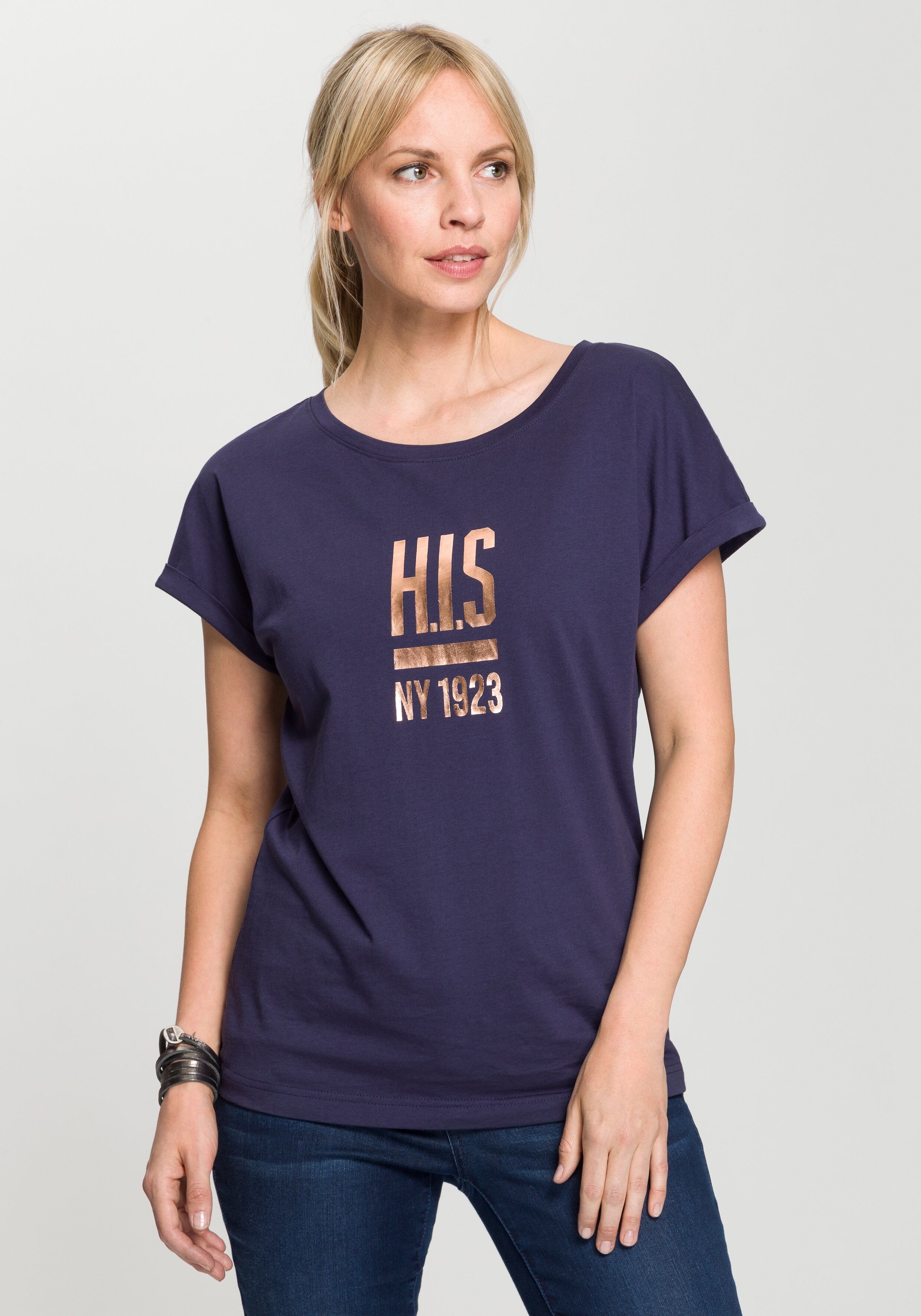 H.I.S T-Shirt, mit Foil-LOGO-Print blau Größe 32/34 36/38 40/42 44/46 48/50