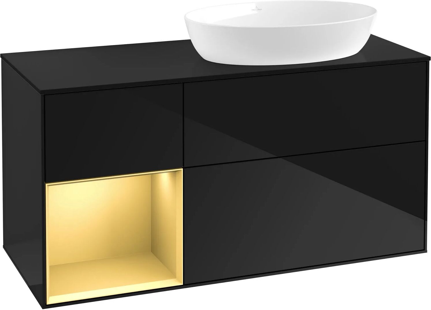 Villeroy & Boch Finion Waschtischunterschrank 120 cm mit Regalelement links, Abdeckplatte   gold matt lacquer/glossy black lacquer FA42HFPH