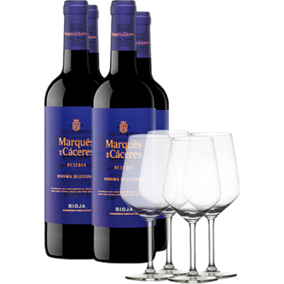 Marqués de Cáceres Reserva 2017 - 4 Flaschen & Gläser - Rioja Wein Marqués de Cáceres Reserva 2017 - 4 Flaschen & Gläser - Rioja Wein