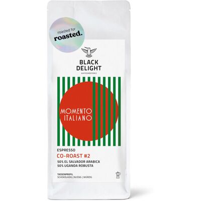 Black Delight x roasted. - Momento Italiano Co-Roast #2 Espresso - 250 g Gemahlen - Intensität: 5/6 Black Delight x roasted. - Momento Italiano Co-Roast #2 Espresso - 250 g Gemahlen - Intensität: 5/6