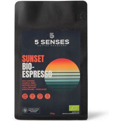 5 Senses - Sunset Bio-Espresso - 50% koffeinreduziert - 250 g Ganze Bohne - Intensität: 4/6 5 Senses - Sunset Bio-Espresso - 50% koffeinreduziert - 250 g Ganze Bohne - Intensität: 4/6