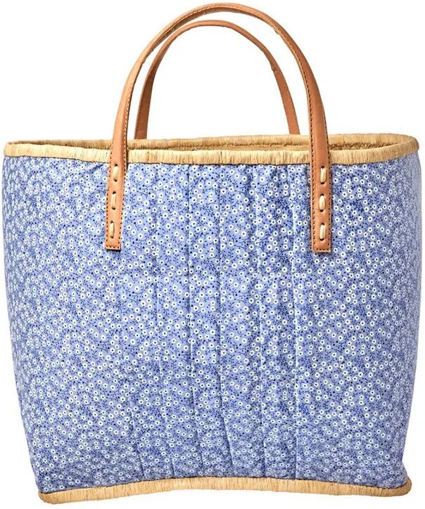 rice Raffia-Tasche BLUE FLORAL L (33x24x36) mit Ledergriffen