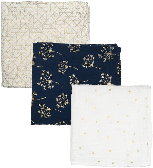 aden + anais Mullwindel-Set MUSY METALLIC GOLD (70x70cm) 3er-Set in weiß/blau