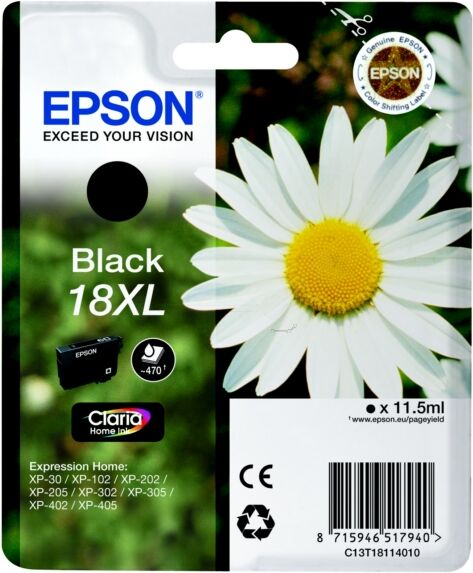 Epson Original Epson C 13 T 18114010 / 18XL Tintenpatrone schwarz, 470 Seiten, 4,57 Rp pro Seite, Inhalt: 11 ml