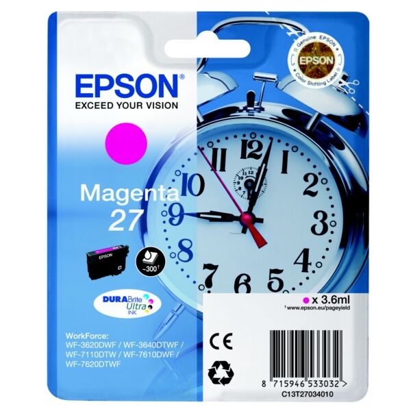 Epson Original Epson WorkForce WF-7110 DTW Tintenpatrone (27 / C 13 T 27034010) magenta, 300 Seiten, 3,7 Rp pro Seite, Inhalt: 3 ml